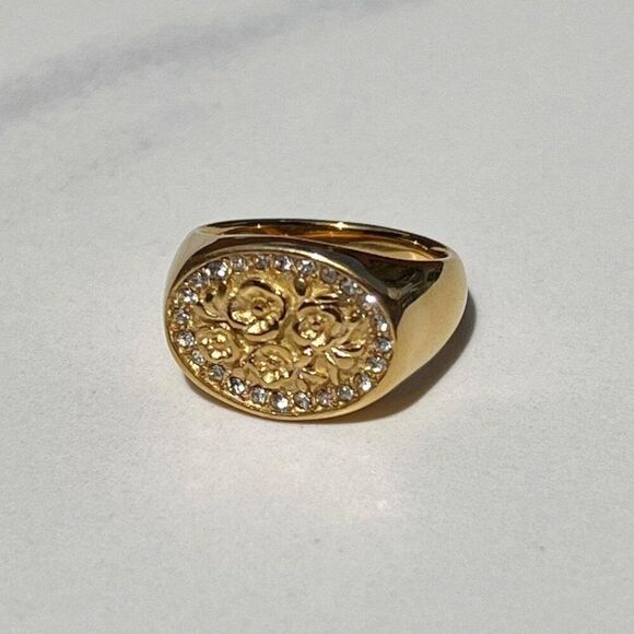 New! “Fleur” Rose Engraved Gold Ring - Picture 1 of 5